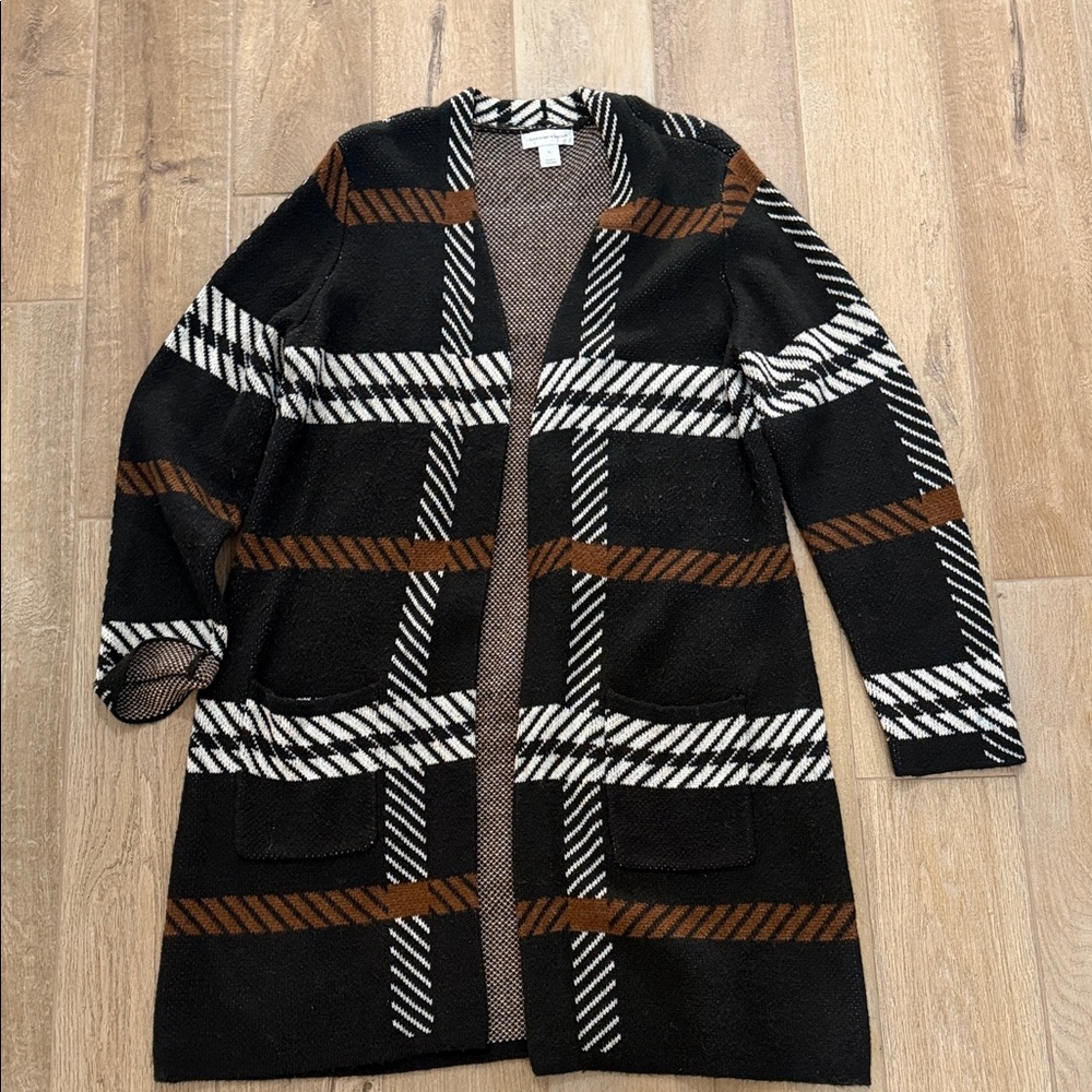 Christopher & Banks Black Plaid Open-Front Cardigan with Brown & White Stripes